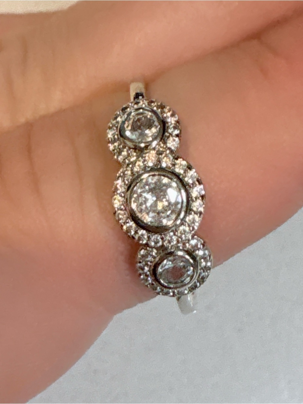 Classic Three-Cluster faux White Gold and cubic zircon Ring costume jewelry